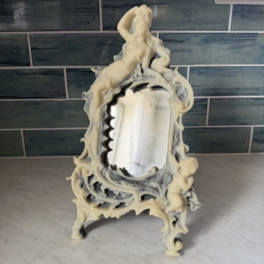 Antique Baroque Style Incolay Stone Vanity Mirror Woman Cherub Art Nouveau
